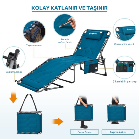 KingCamp Bavaria Cozy Premium 5 Kademeli Katlanır Şezlong Blue