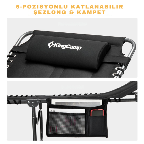 KingCamp Bavaria Cozy Premium 5 Kademeli Katlanır Şezlong Black