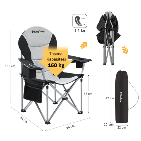 KingCamp Cedar Deluxe Ultra Bel Destekli Kamp Sandalyesi Grey