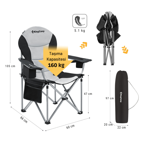 KingCamp Cedar Deluxe Ultra Bel Destekli Kamp Sandalyesi M.Grey