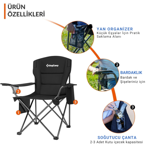 KingCamp Lotus XL Cool Ice Ultra Konforlu & Takviyeli Kamp Sandalyesi Black