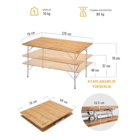 KingCamp Bamboo XL 120x70 Bambu Kamp Masası