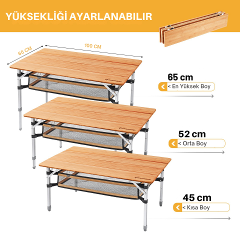 KingCamp Bamboo Plus L 100x65 Bambu Kamp Masası