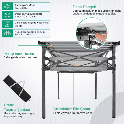 KingCamp Granite Plus XXL Alüminyum Katlanır Kamp Masası Silver
