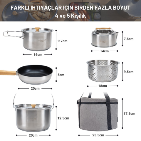 KingCamp Cookware Set I Paslanmaz Çelik Kamp Tencere Seti