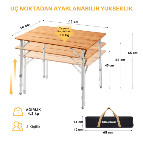 KingCamp Bamboo S 65x50 Bambu Kamp Masası