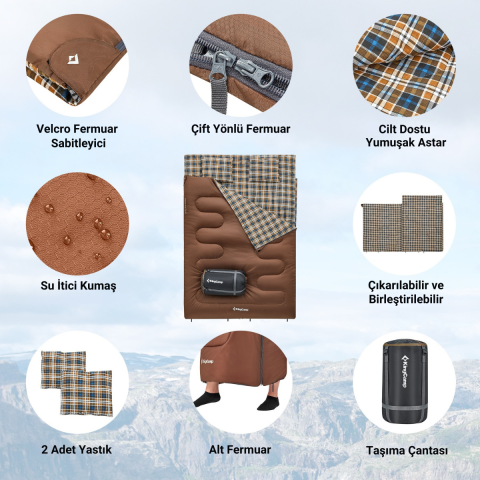 KingCamp Snowflake 300-D Ultra Çift Kişilik Uyku Tulumu Coffee