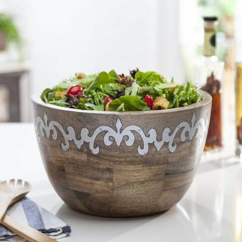 Wood/Metal Deep Serving Bowl