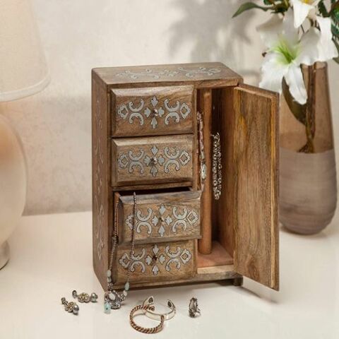 Wood Inlay 4-Drwr Jewelry Box