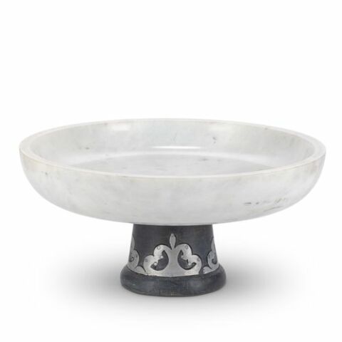 BW marble Bowl on Wood Pedest