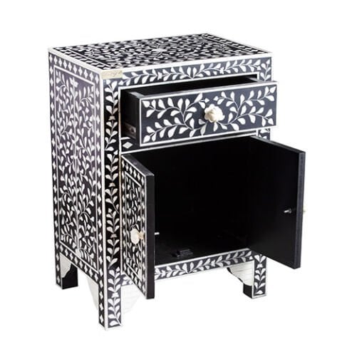Black and white floral-patterned mother-of-pearl inlaid nightstand