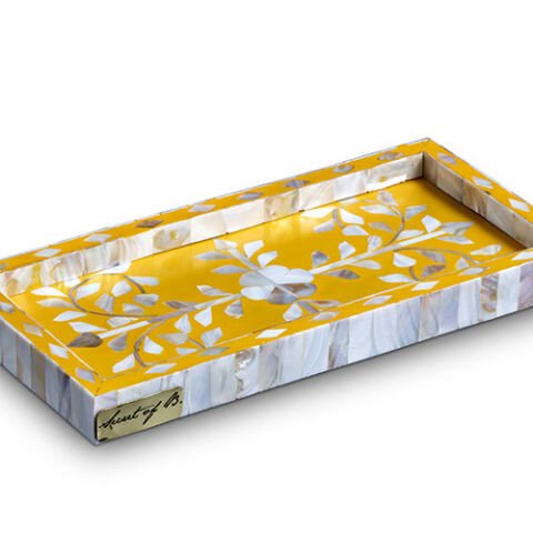 Yellow floral-patterned mother-of-pearl inlay tray