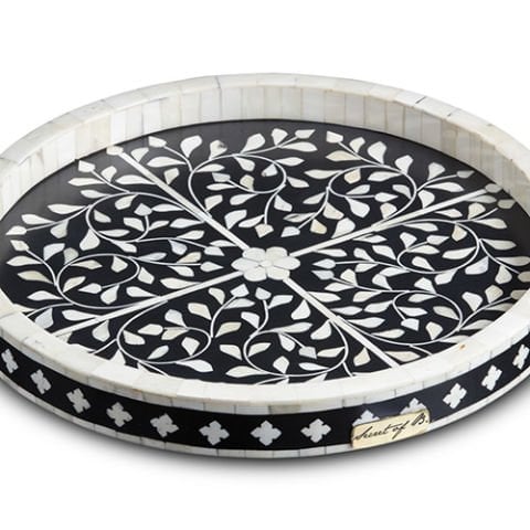 Black and white floral-patterned mother-of-pearl inlaid round tray