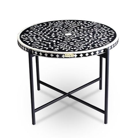 Black and white floral-patterned mother-of-pearl inlaid round coffee table (with metal legs)