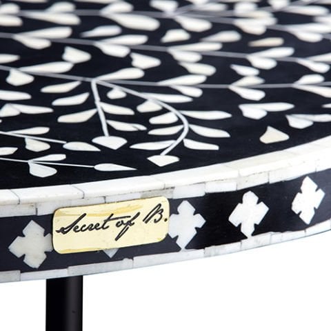 Black and white floral-patterned mother-of-pearl inlaid round coffee table (with metal legs)