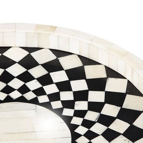 Round tray with black and white mosaic pattern