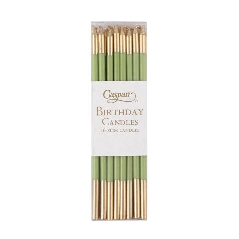 Slim Birthday Candles in Moss Green & Gold  16 Candles Per Package