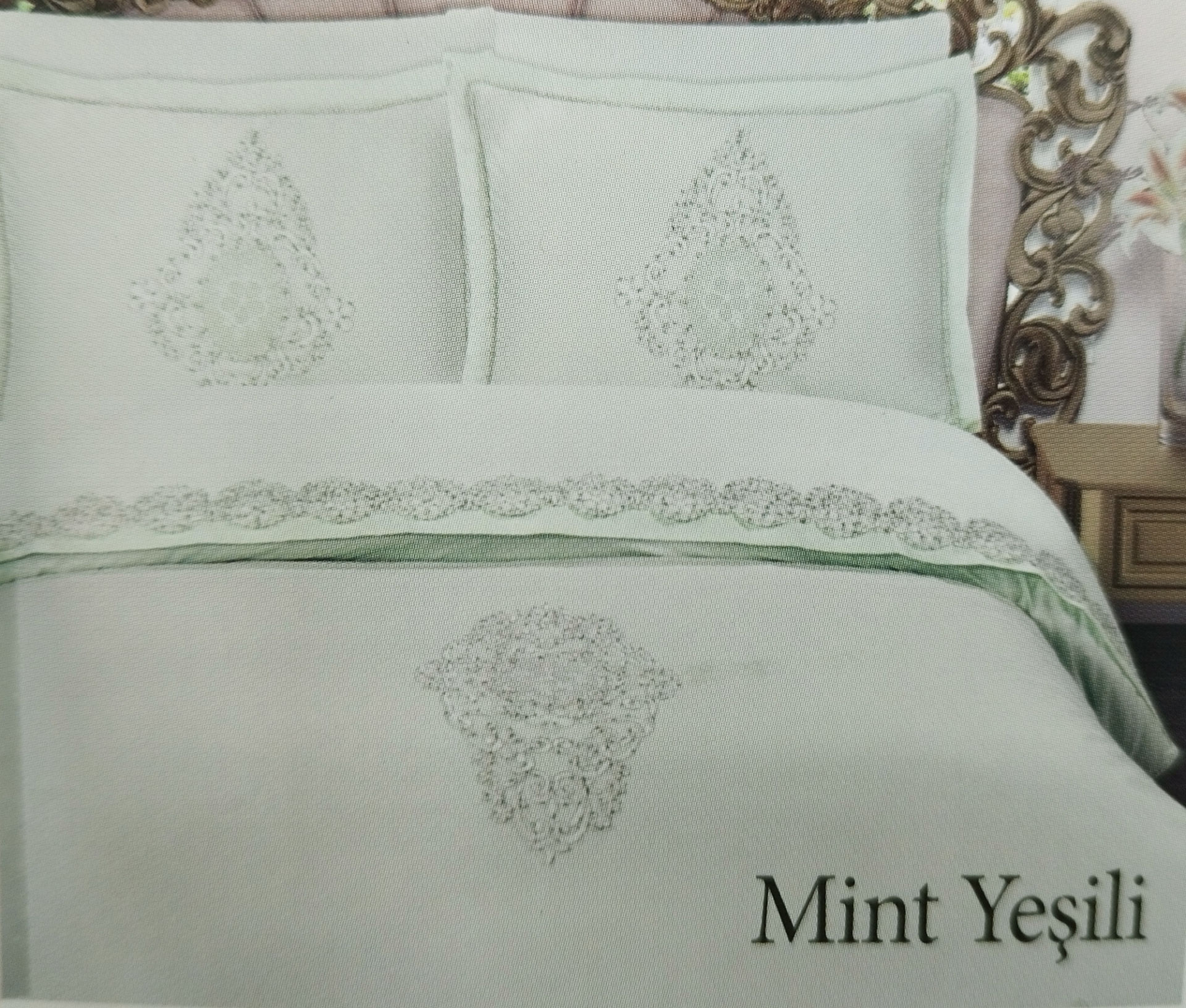 MissBella Bianca Nevresim Çift kişilik Dantelli Nevresim Takımı %100 Pamuk Mint Yeşili