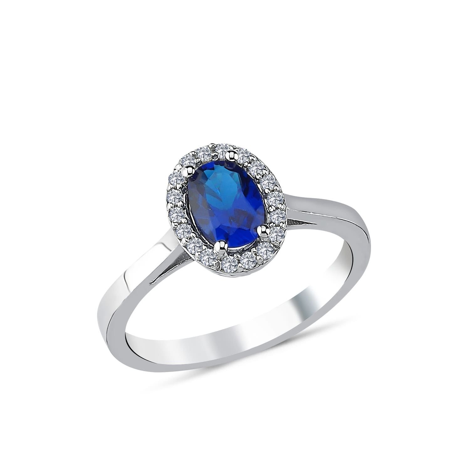 Safir Oval Kesim Etrafı Pırlanta İle Bezenmiş Asil  Yüzük