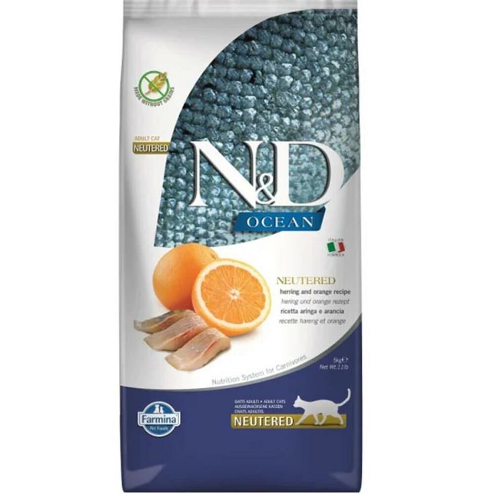 N&D Ocean Ringa Balıklı ve Portakallı Tahılsız Kısırlaştırılmış Kedi Maması 5 Kg