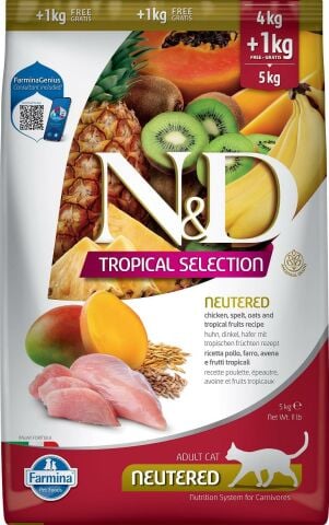 N&D Tropical Selection Tavuklu ve Ata Tahıllı Kısırlaştırılmış Yetişkin Kedi Maması 4+1 Kg Hediyeli