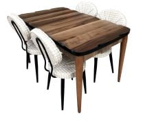 Mdf Ceviz Açılır Kütük Masa + 4 Adet Midye Metal Döşemeli Sandalye