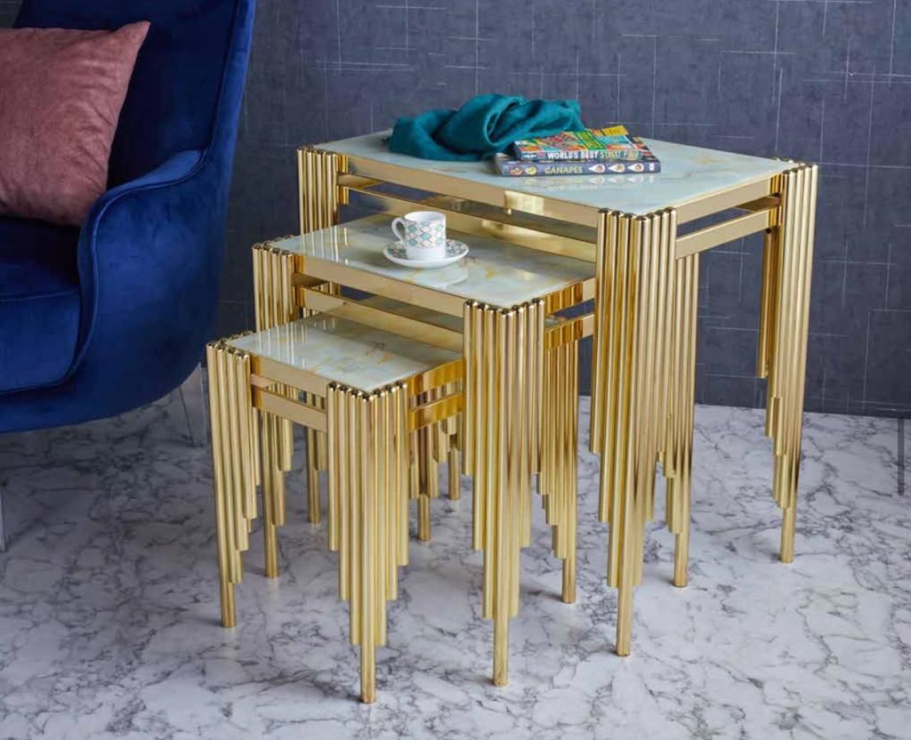 Şayn Borulu Metal 3'Lü Zigon Sehpa Gold Kaplamalı