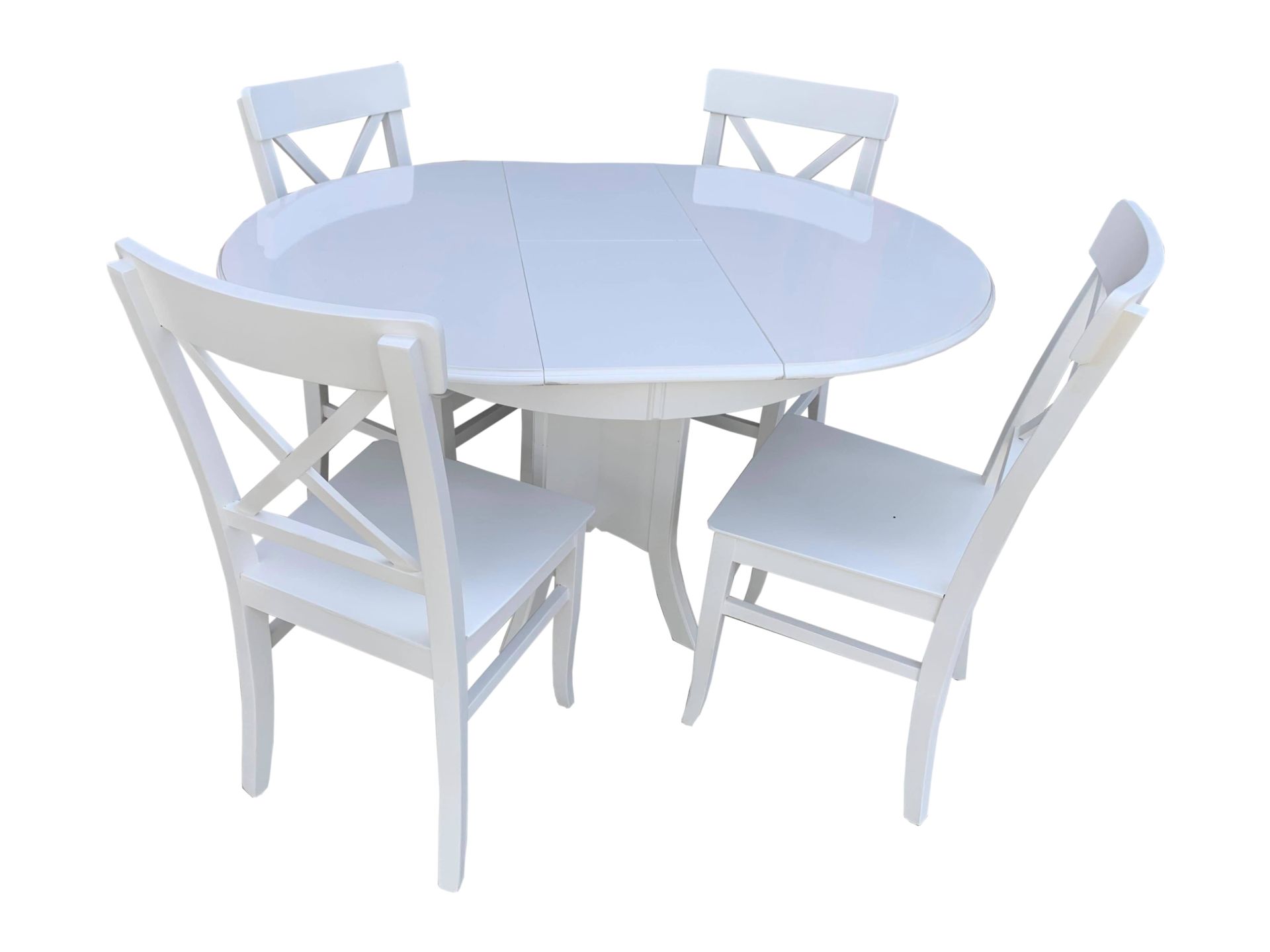 93 cm Yuvarlak Açılır Masa + 4 Çapraz Sandalye Tamamı Ahşap Lake Beyaz