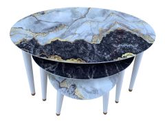 Oval Siyah&Gold Mermer Zigon Sehpa 3'lü Konik Ayaklı