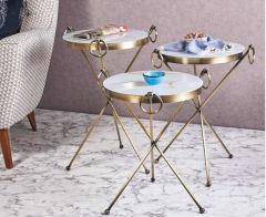 Küpeli Metal 3'lü Zigon Sehpa Gold Eskitme Kaplamalı Yuvarlak - Gold Mermer Temperli Cam