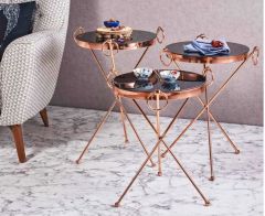 Küpeli Metal 3'lü Zigon Sehpa Bakır (Rose Gold) Kaplamalı Yuvarlak - Siyah Temperli Cam