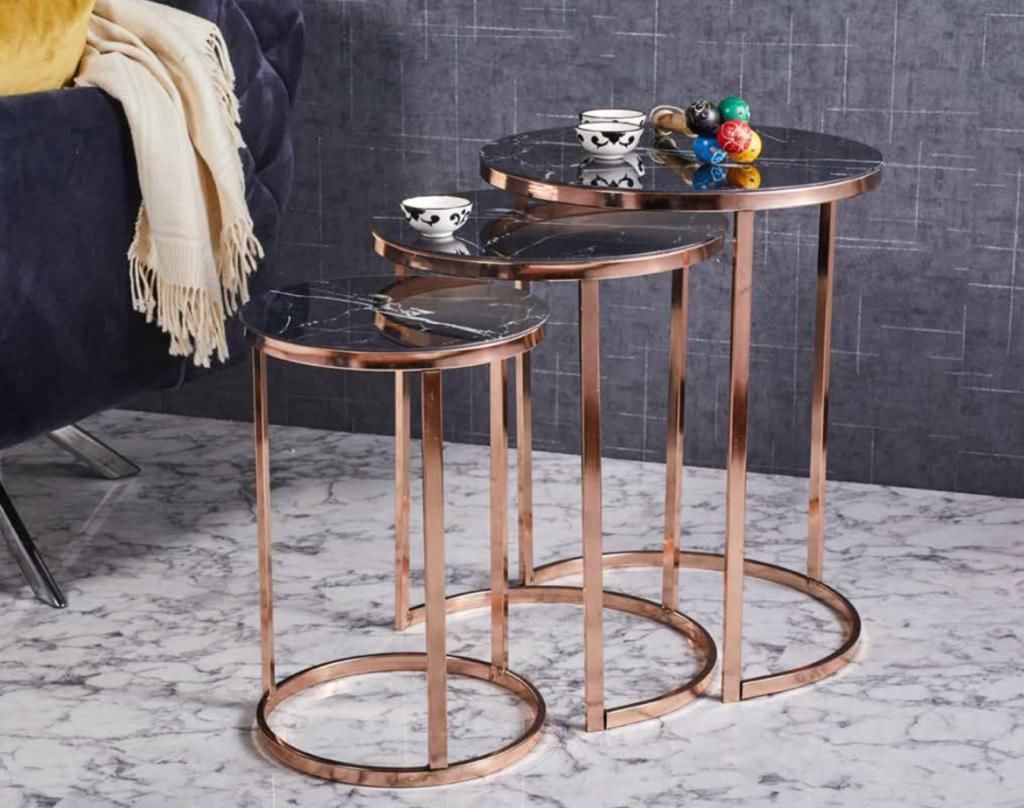 Eko C Metal İç İçe Girebilen 3'lü Zigon Bakır (Rose Gold) Kaplamalı - Siyah Mermer Temperli Cam