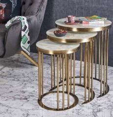 C Metal İçiçe Girebilen 3'lü Zigon Sehpa Yuvarlak Gold Eskitme - Gold Mermer Temperli Cam