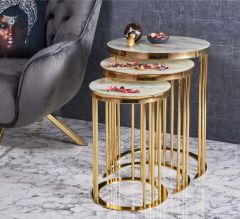 C Metal İçiçe Girebilen 3'lü Zigon Sehpa Yuvarlak Gold (Altın) Kaplamalı - Gold Mermer Temperli Cam