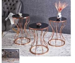 Lotus Metal 3'lü Zigon Sehpa Yuvarlak Bakır (Rose Gold) Kaplamalı - Siyah Temperli Cam