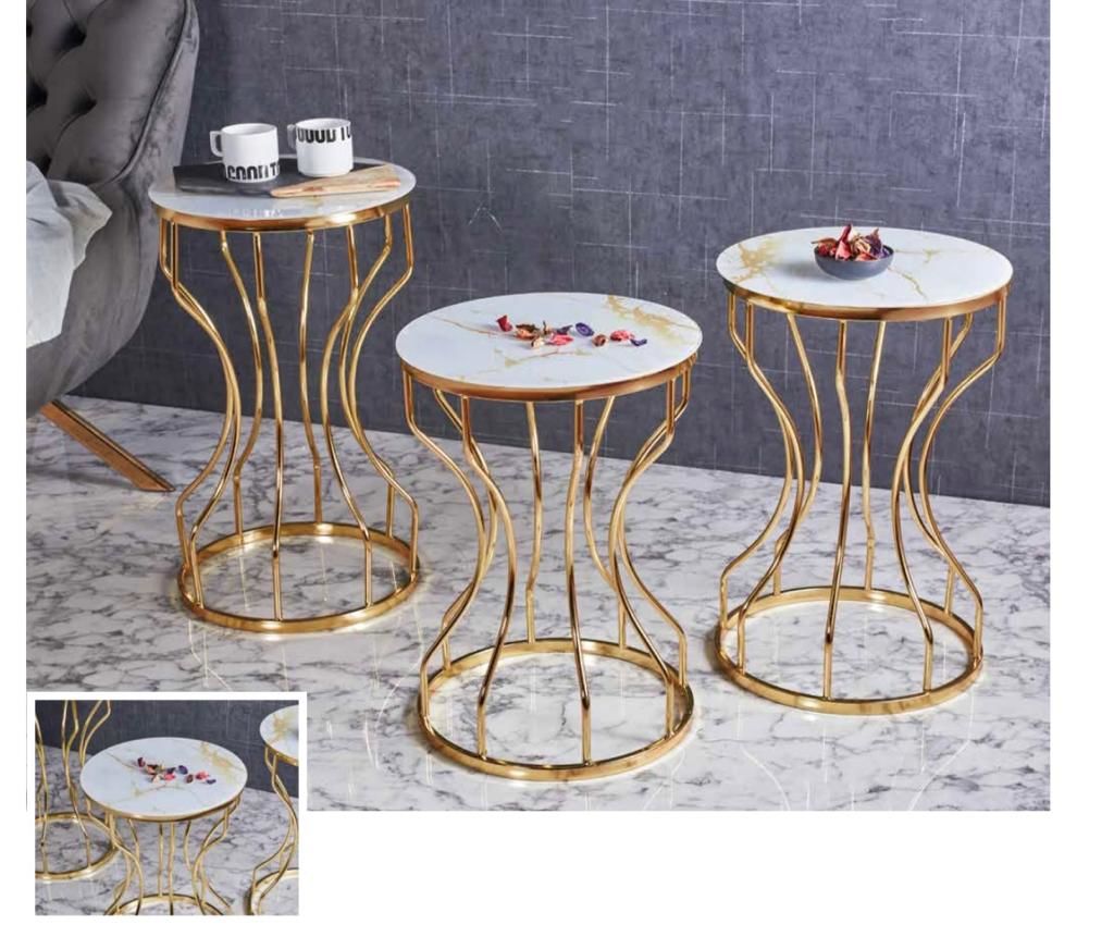 Lotus Metal 3'lü Zigon Sehpa Yuvarlak Gold (Altın) Kaplamalı - Gold Mermer Temperli Cam