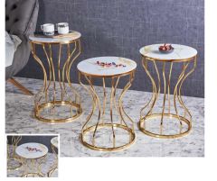 Lotus Metal 3'lü Zigon Sehpa Yuvarlak Gold (Altın) Kaplamalı - Gold Mermer Temperli Cam