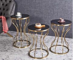 Lotus Metal 3'lü Zigon Sehpa Yuvarlak Gold Eskitme Kaplamalı - Siyah Temperli Cam