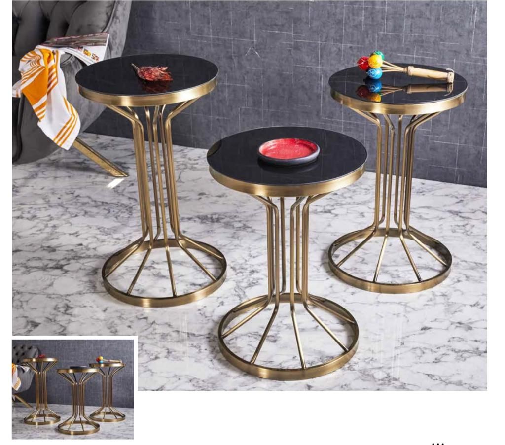 Bufalo Metal 3'lü Zigon Sehpa Yuvarlak Gold Eskitme Kaplamalı - Siyah Temperli Cam