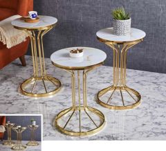 Bufalo Metal 3'lü Zigon Sehpa Yuvarlak Gold (Altın) Kaplamalı - Gold Mermer Temperli Cam