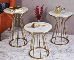 Cadde Metal 3'lü Zigon Sehpa Yuvarlak Gold Eskitme Kaplama - Gold Mermer Temperli Cam