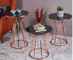 Cadde Metal 3'lü Zigon Sehpa Yuvarlak Bakır (Rose Gold) Kaplama - Siyah Temperli Cam