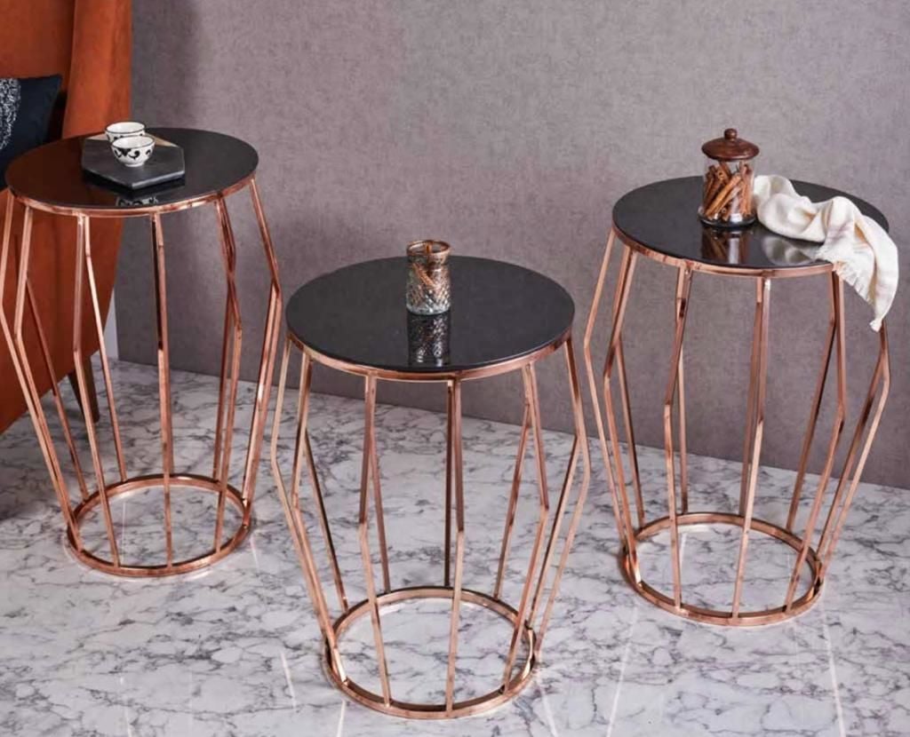 Piramit Metal 3'lü Zigon Sehpa Yuvarlak Bakır (Rose Gold) Kaplama - Siyah Temperli Cam