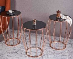 Piramit Metal 3'lü Zigon Sehpa Yuvarlak Bakır (Rose Gold) Kaplama - Siyah Temperli Cam