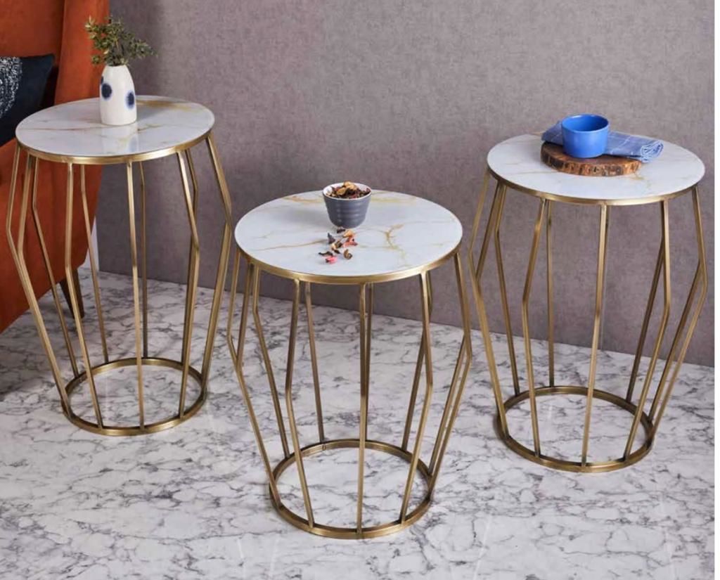 Elmas Metal 3'lü Zigon Sehpa Yuvarlak Gold (Altın) Kaplama -  Gold Mermer Temperli Cam