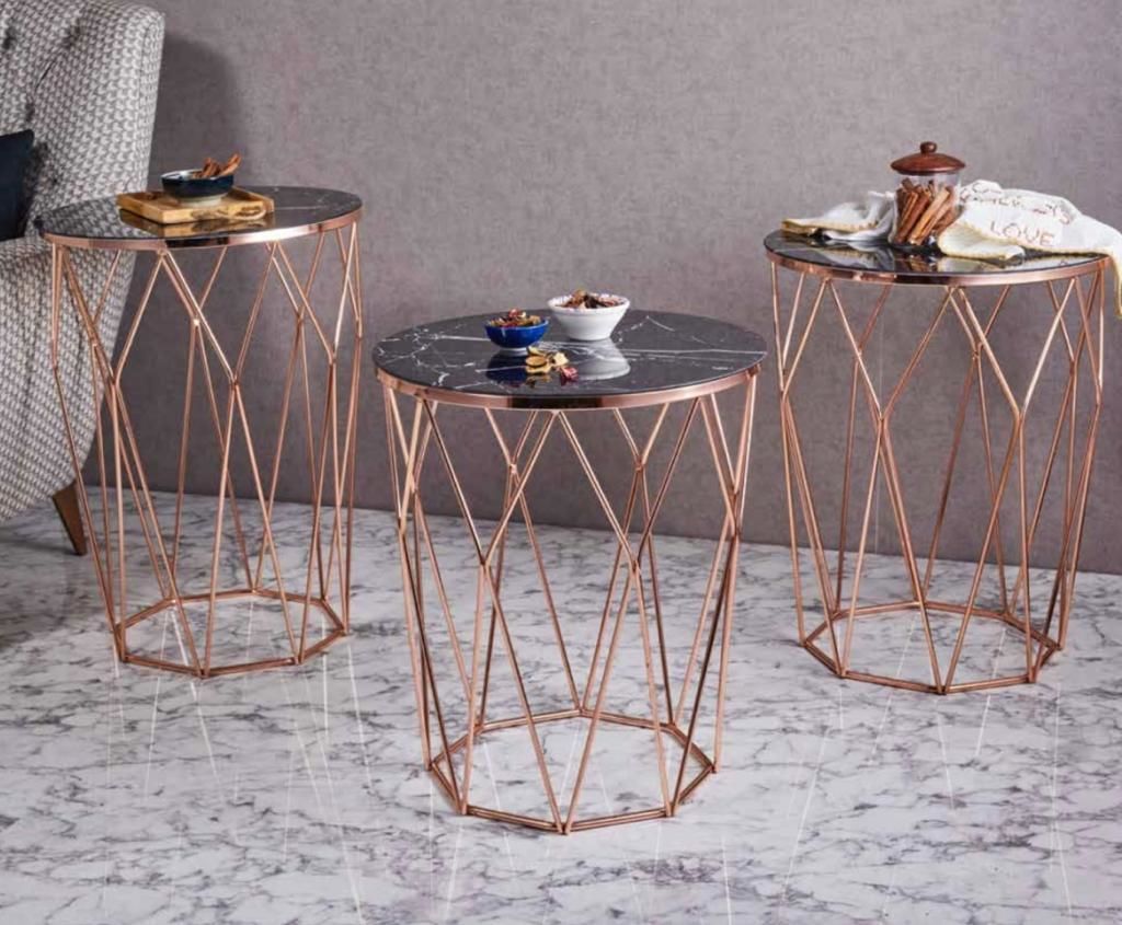 Piramit Metal 3'lü Zigon Sehpa Yuvarlak Bakır (Rose Gold) Kaplama - Siyah Mermer Temperli Cam