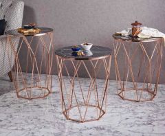 Piramit Metal 3'lü Zigon Sehpa Yuvarlak Bakır (Rose Gold) Kaplama - Siyah Mermer Temperli Cam