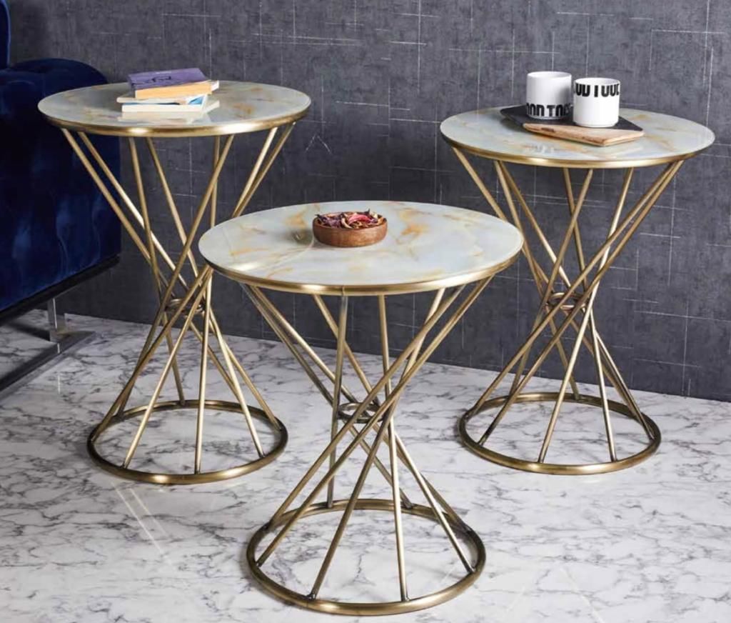 Rivoli Metal 3'lü Zigon Sehpa Gold Eskitme Kaplamalı Yuvarlak - Gold Mermer Cam