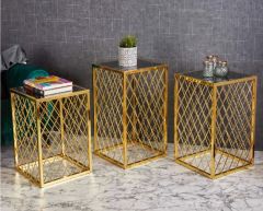Simi Kare Telli Metal 3'lü Zigon Sehpa Gold (Altın) Kaplamalı - Siyah Mermer Temperli Cam