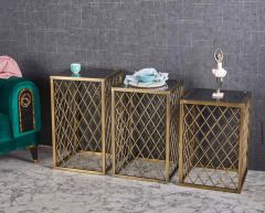 Simi Kare Telli Metal 3'lü Zigon Sehpa Gold Eskitme Kaplamalı - Siyah Temperli Cam